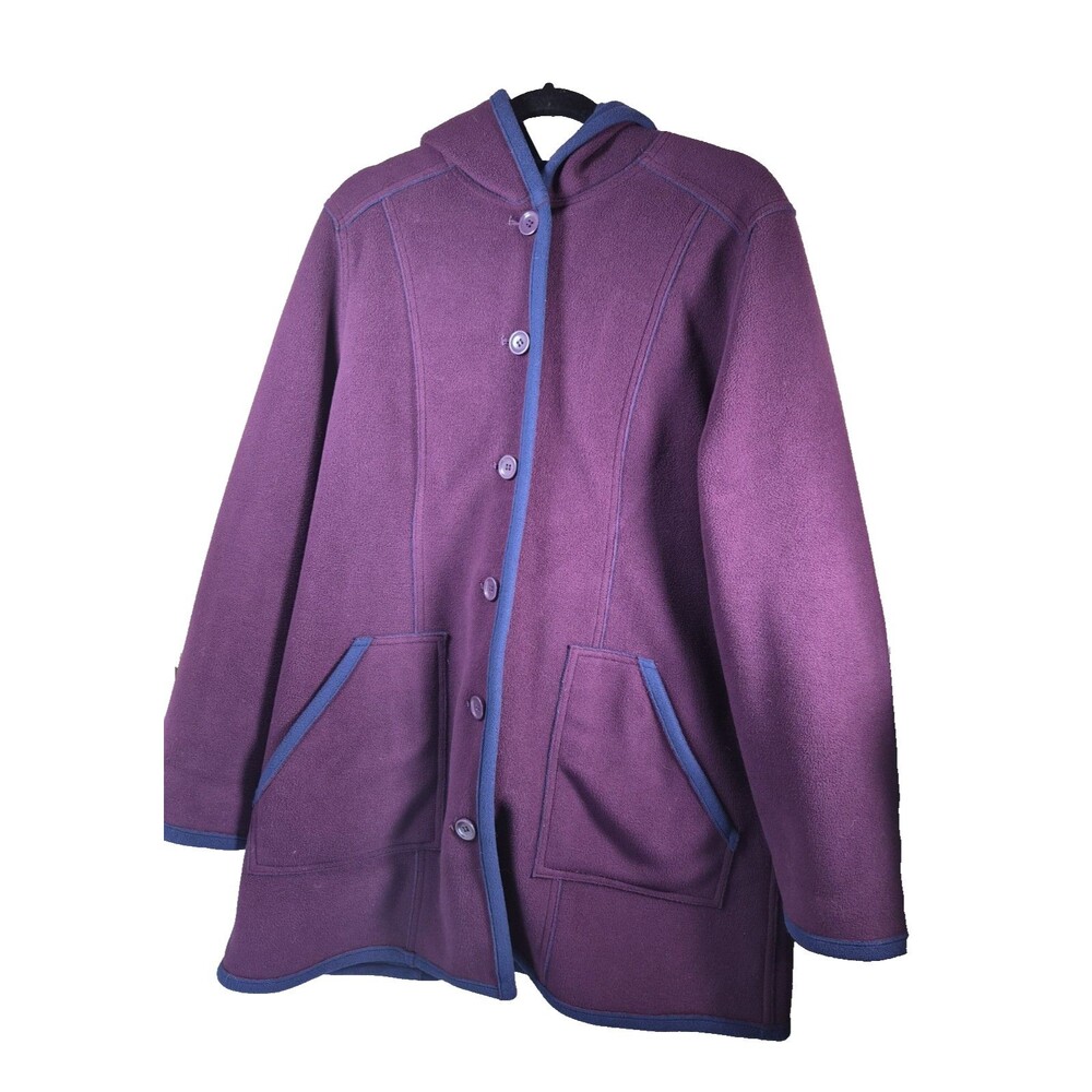 Susan Graver Weekend Fleece Coat Womens Medium Purple Navy Blue Button Up Jacket